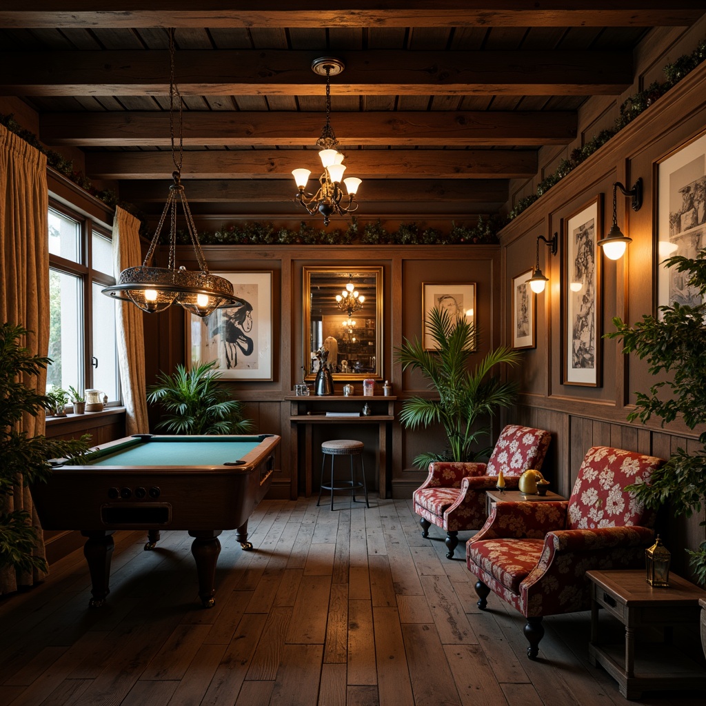 Prompt: Vintage game room, warm soft lighting, distressed wooden accents, ornate metal chandeliers, candles, pendant lamps, rustic lanterns, floral patterned textiles, faded velvet drapes, antique furniture, worn leather armchairs, rich wood tones, cozy atmosphere, subtle shading, 1/2 composition, realistic textures, ambient occlusion.