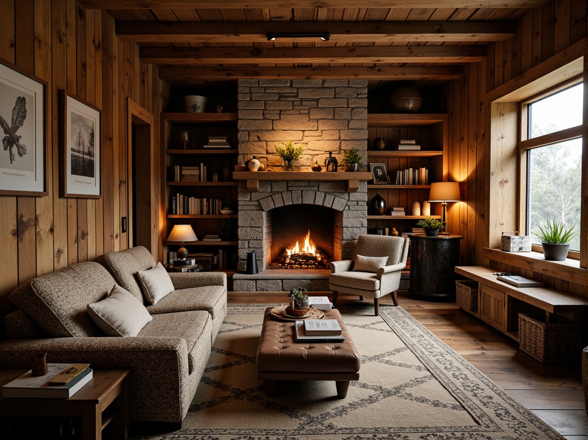 Prompt: Rustic cabin, wooden accents, earthy tones, vintage decor, distressed finishes, natural textiles, plush throw blankets, woven baskets, antique furniture pieces, metal lanterns, stone fireplaces, cozy reading nooks, warm candlelight, soft shadows, 1/2 composition, shallow depth of field, warm color palette.