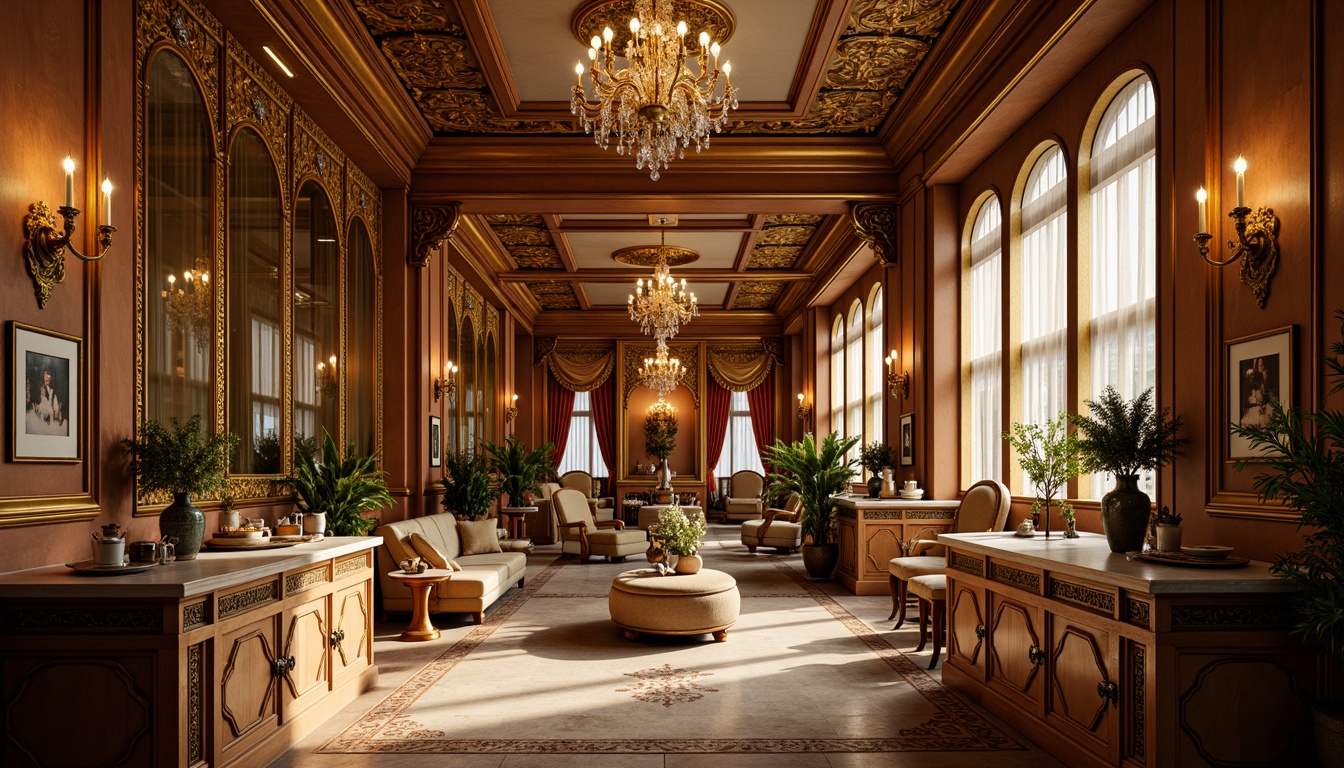 Prompt: Golden accents, ornate carvings, curved lines, luxurious fabrics, velvet drapes, crystal chandeliers, marble countertops, rich wood tones, intricate moldings, gilded mirrors, lavish furnishings, opulent decor, Baroque-inspired patterns, soft warm lighting, shallow depth of field, 1/1 composition, intimate atmosphere, realistic textures, ambient occlusion.