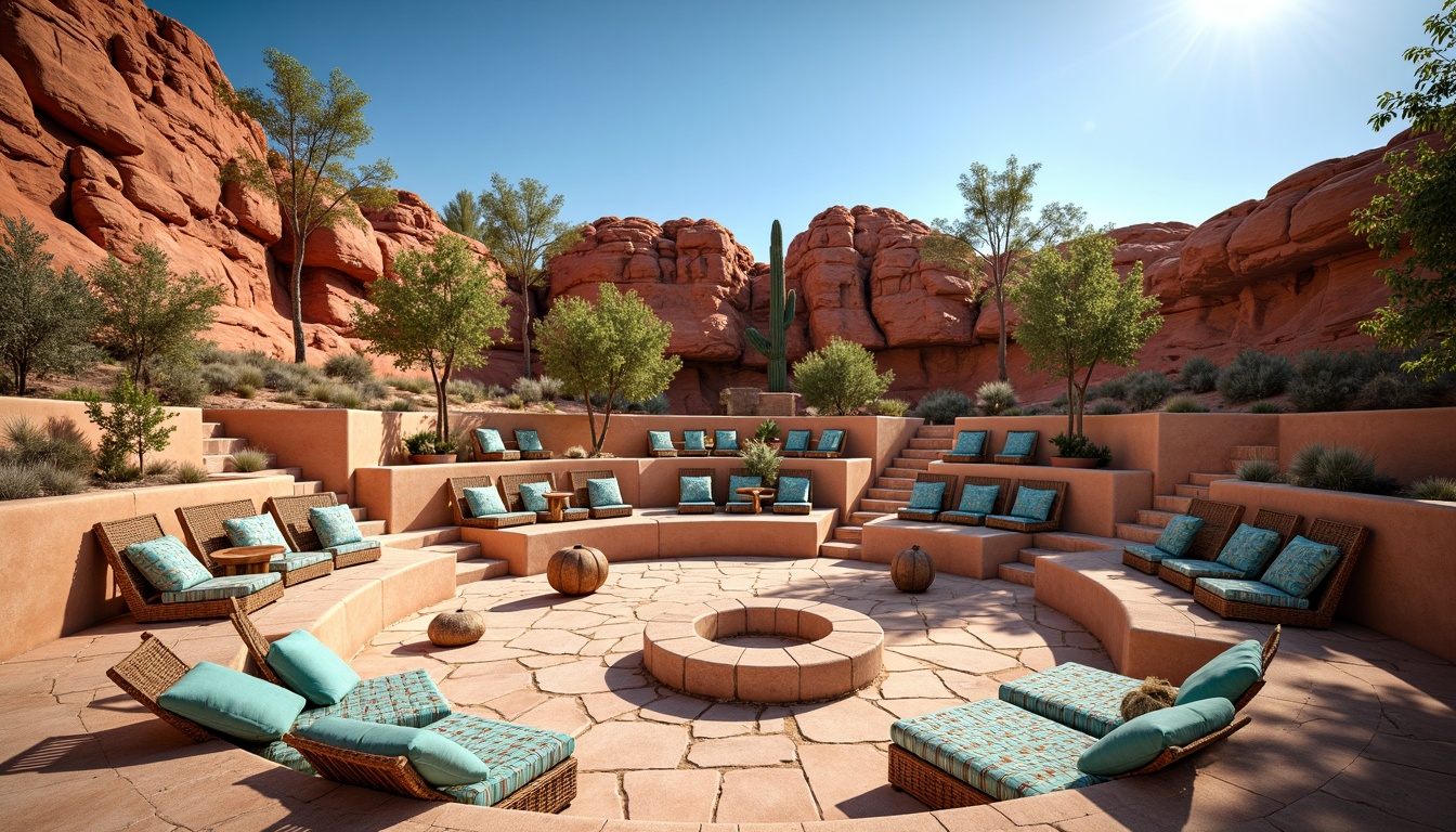 Prompt: Southwestern amphitheater, curved seating arrangement, natural stone steps, rustic wooden benches, vibrant turquoise accents, earthy red rock formations, cacti-adorned surroundings, clear blue sky, warm sunny day, soft ambient lighting, shallow depth of field, 3/4 composition, panoramic view, realistic textures, ambient occlusion, woven wicker furniture, colorful tribal patterns, intricate geometric motifs, desert landscape, sandy dunes.