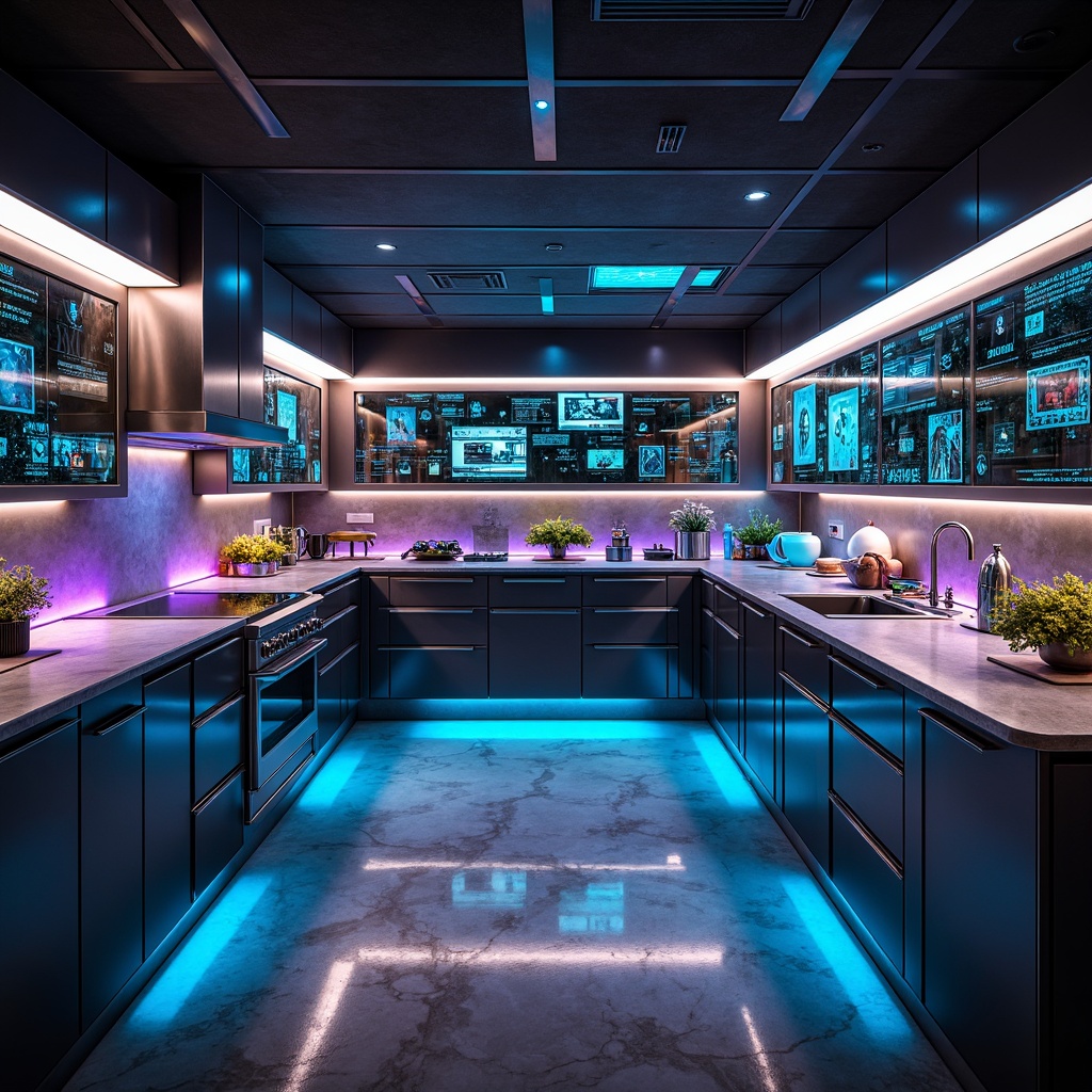 Prompt: Futuristic kitchen, sleek countertops, iridescent glass surfaces, neon-lit edges, holographic displays, cyberpunk-inspired cabinets, metallic finishes, LED lighting, high-tech appliances, robotic arms, touchless faucets, sensor-activated drawers, minimalist shelving, gleaming chrome accents, glossy polyurethane coatings, 3D-printed designs, sci-fi patterns, virtual cooking assistants, augmented reality interfaces, dramatic shadows, cinematic lighting, shallow depth of field, 1/1 composition.