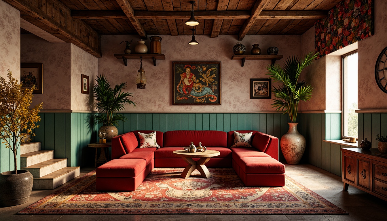 Prompt: Vibrant eclectic interior, bold artistic accents, rich velvet fabrics, distressed wood furniture, ornate metal fixtures, vintage decorative items, global-inspired textiles, bohemian patterns, jewel-toned walls, warm golden lighting, dramatic shadows, 1/1 composition, realistic textures, ambient occlusion.