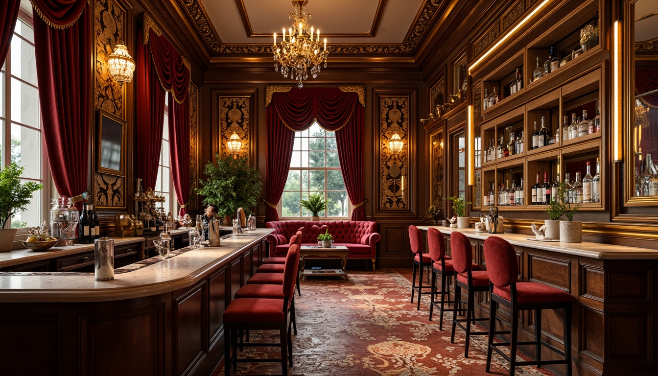 Prompt: Ornate home bar, luxurious velvet upholstery, gilded wooden frames, intricate carvings, curved silhouettes, golden accents, crystal chandeliers, marble countertops, ornamental mirrors, lavish curtains, rich wood tones, soft warm lighting, shallow depth of field, 1/1 composition, realistic textures, ambient occlusion, opulent fabrics, baroque-inspired patterns.