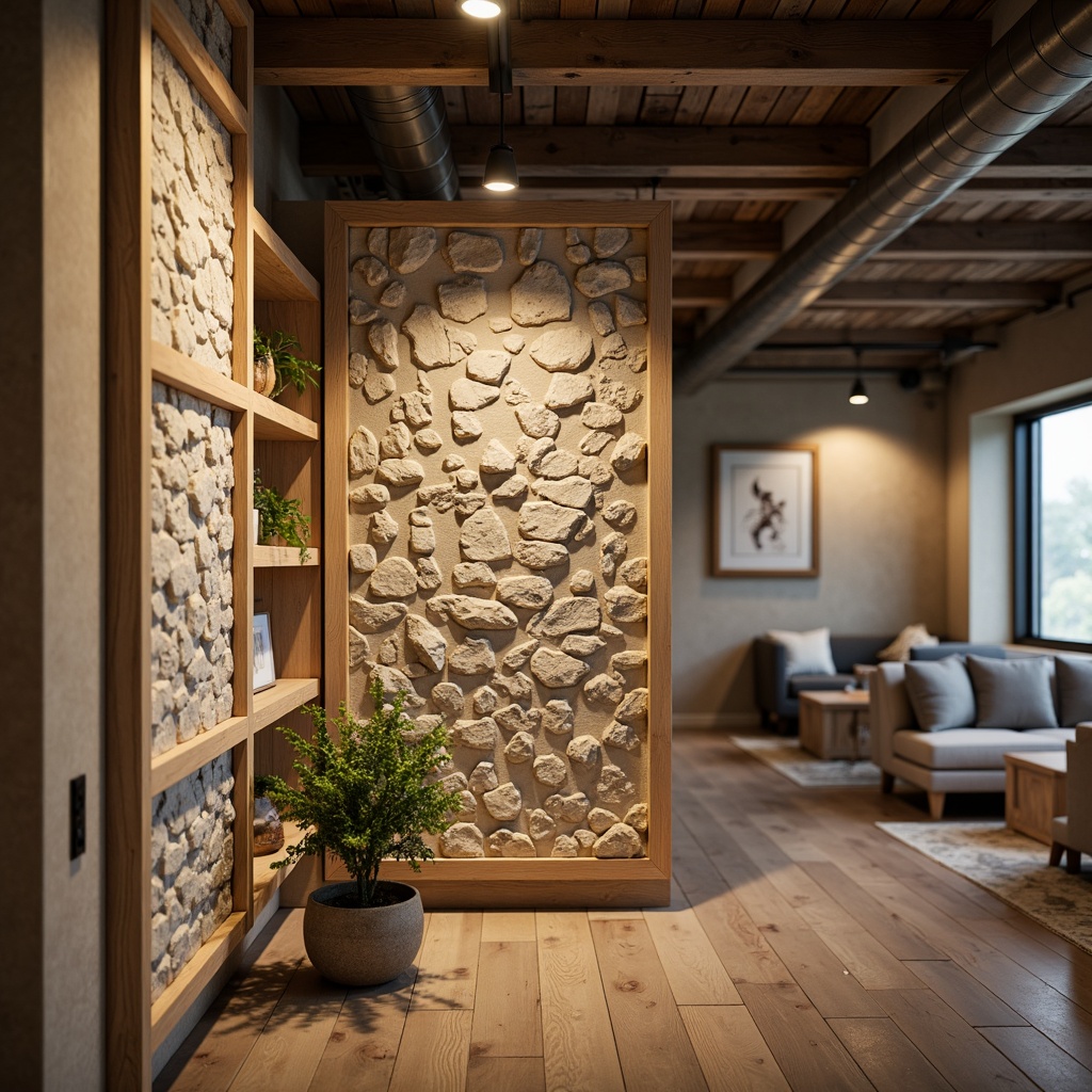 Prompt: Rustic accent walls, natural stone textures, earthy color palette, organic patterns, 3D geometric shapes, raised paneling, wooden planks, industrial chic aesthetic, exposed ductwork, metal beams, reclaimed wood accents, cozy ambient lighting, warm beige tones, soft focus blur, shallow depth of field, 2/3 composition, realistic rendering.