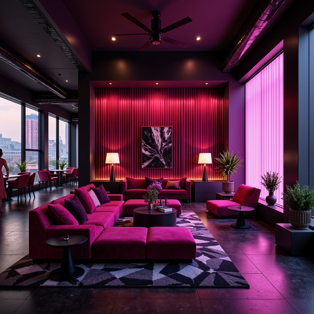 Prompt: Vibrant magenta accent walls, sleek modern furniture, luxurious velvet fabrics, rich jewel-toned accessories, bold geometric patterns, statement lighting fixtures, dark grey concrete floors, minimalist decor, industrial chic atmosphere, dramatic shadows, high-contrast color palette, avant-garde architecture, futuristic design elements, neon-lit cityscape backdrop, dynamic camera angles, cinematic composition, shallow depth of field.