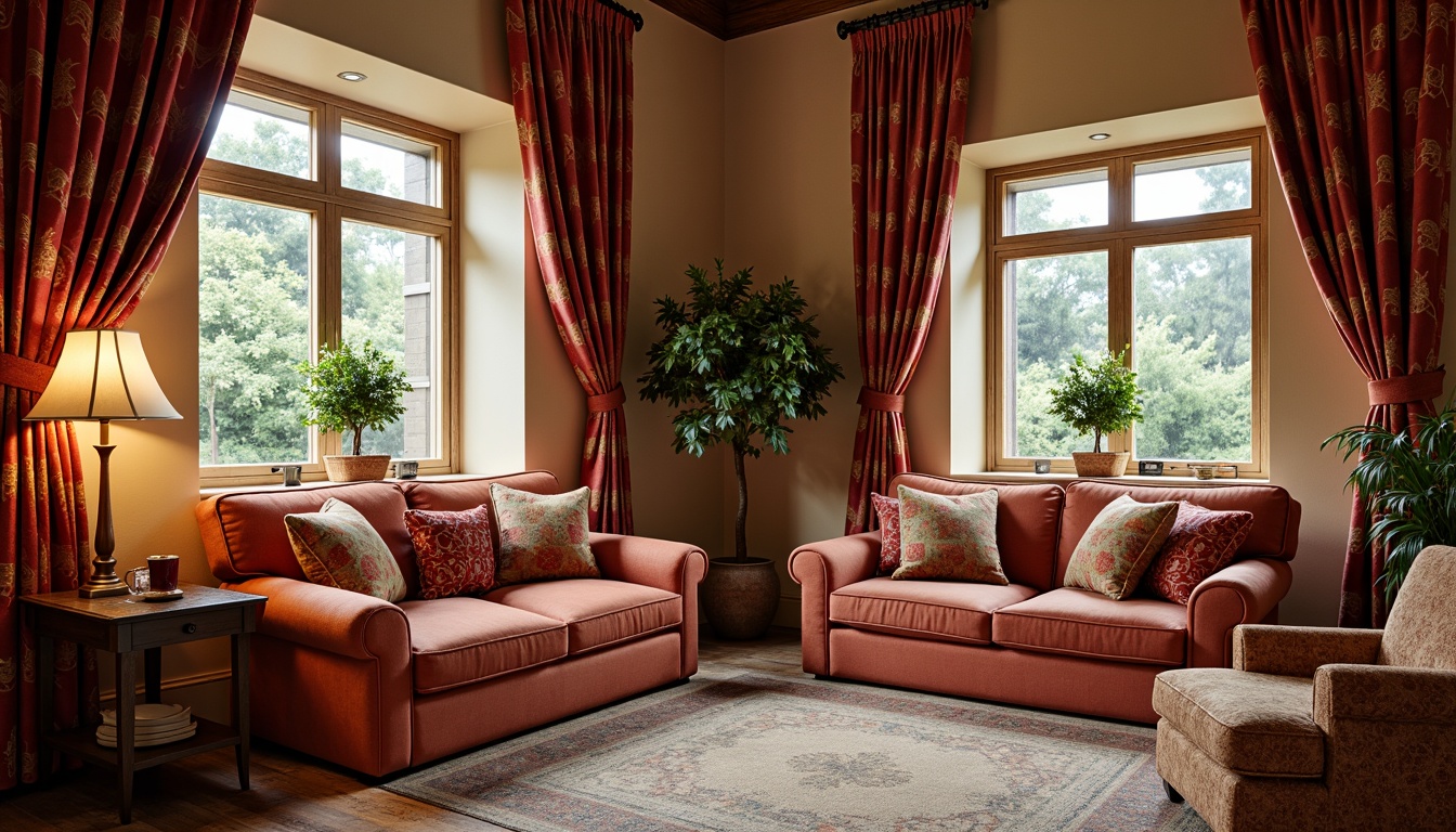 Prompt: Plush velvet sofas, soft corduroy armchairs, luxurious silk curtains, warm woolen blankets, cozy fleece throws, intricate embroidered patterns, rich brocade fabrics, subtle herringbone textures, smooth satin finishes, elegant linen upholstery, comfortable cotton blend pillows, vibrant colorful stripes, natural jute rugs, rustic burlap accents, inviting ambient lighting, peaceful relaxing atmosphere.