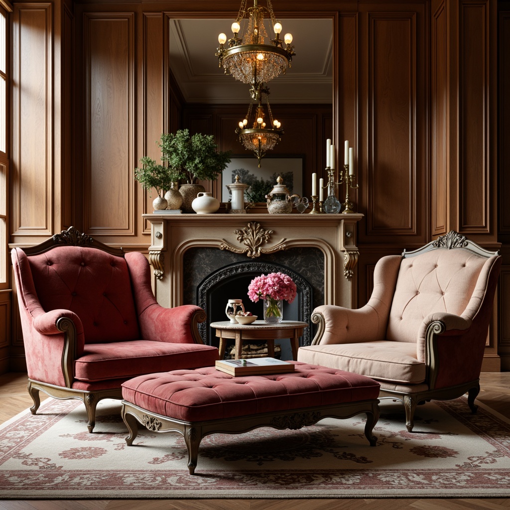 Prompt: Rich velvet upholstery, ornate carved wooden frames, antique brass hardware, luxurious silk fabrics, plush cushions, tufted ottomans, intricate inlays, polished marble tops, elegant curved legs, sophisticated neutral colors, soft warm lighting, shallow depth of field, 3/4 composition, classic symmetrical design, realistic textures, ambient occlusion.