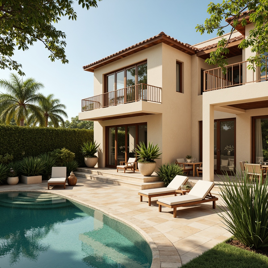 Prompt: Luxurious villa, Mediterranean style, warm beige walls, turquoise accents, creamy marble floors, lush greenery, palm trees, tranquil pool area, soft warm lighting, shallow depth of field, 1/1 composition, realistic textures, ambient occlusion, serene atmosphere, natural stone columns, wooden shutters, earthy tones, refreshing outdoor spaces, vibrant colorful tiles.