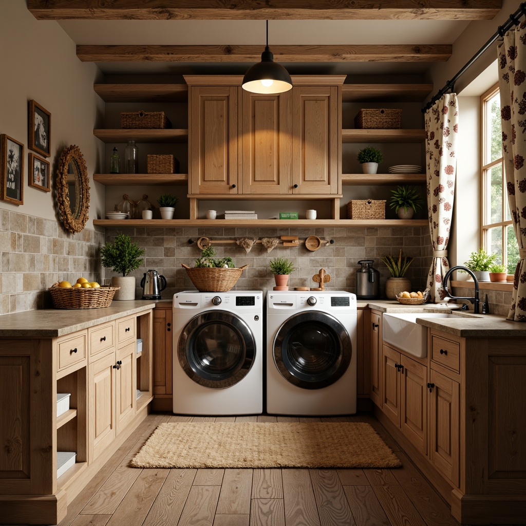 Prompt: Cozy laundry room, rustic wood cabinetry, vintage metal appliances, soft warm lighting, earthy tone color palette, natural stone countertops, woven baskets, distressed wooden floors, farmhouse-inspired decor, floral patterned curtains, potted greenery, overhead storage shelves, built-in ironing boards, decorative ceramic tiles, ornate metal hardware, warm beige walls, 3/4 composition, realistic textures, ambient occlusion.