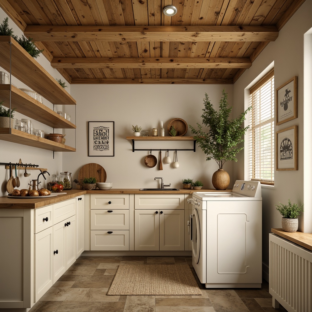 Prompt: Warm beige walls, soft cream accents, vintage wooden cabinets, distressed metal fixtures, rustic stone floors, classic white appliances, nostalgic laundry signs, natural linen textiles, calming warm lighting, shallow depth of field, 1/1 composition, realistic textures, ambient occlusion.