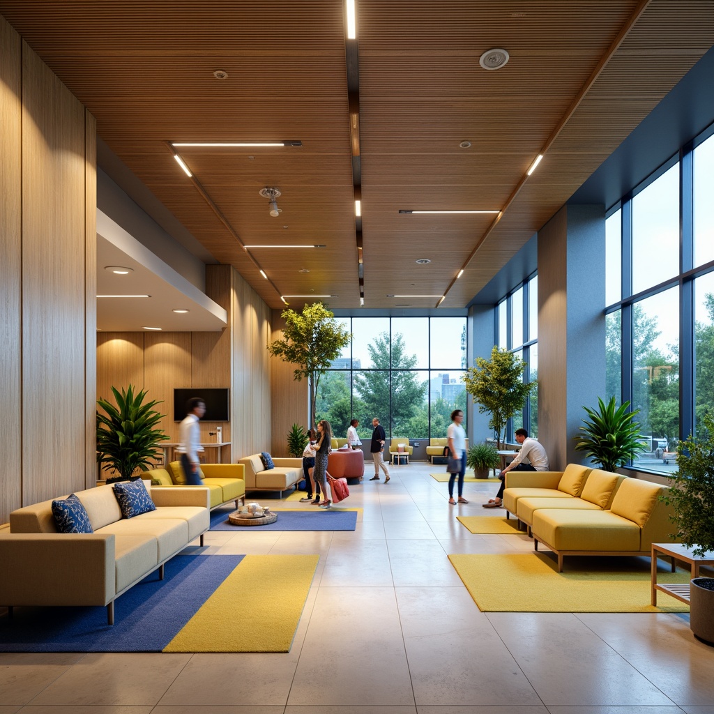 Prompt: Professional office atmosphere, neutral beige walls, rich wood accents, calming blue undertones, energizing yellow highlights, sleek metallic fixtures, modern minimalist furniture, abundant natural light, airy open spaces, collaborative workstations, comfortable lounge areas, vibrant greenery, geometric patterns, subtle texture contrasts, warm soft lighting, 1/1 composition, realistic rendering.