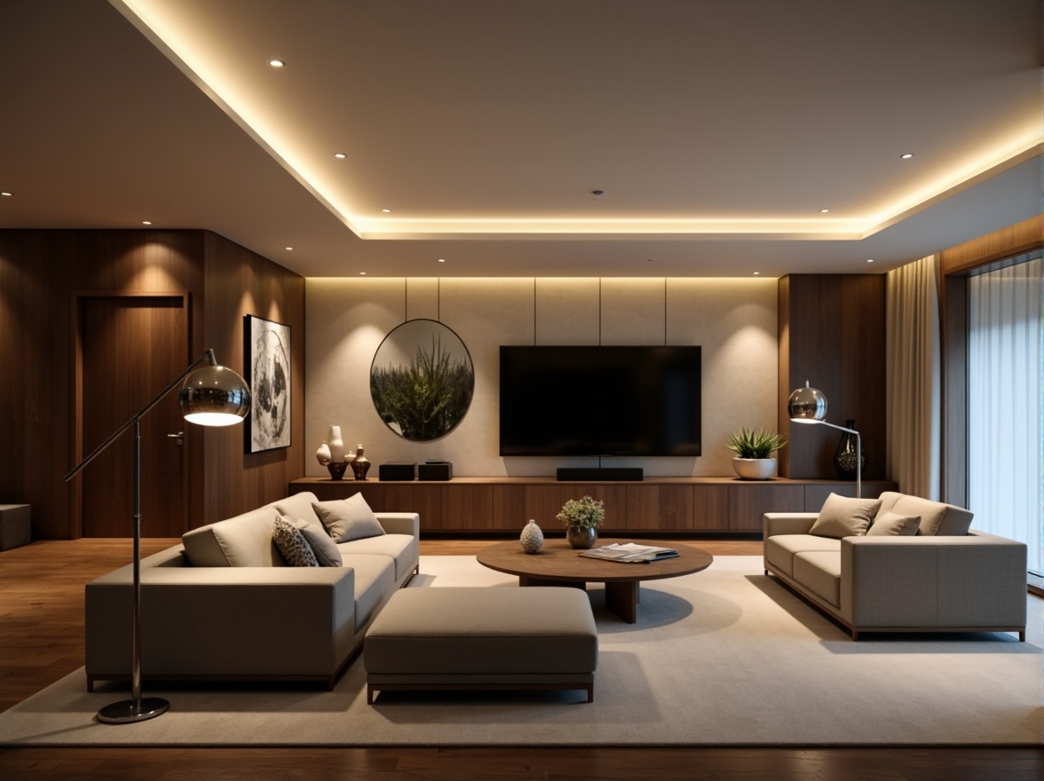 Prompt: Modern living room, sleek lines, minimal ornamentation, neutral color palette, recessed lighting, floor lamps, table lamps, pendant lights, chrome finishes, frosted glass shades, adjustable arms, directional light sources, warm white light, ambient illumination, layered lighting effects, 3-point composition, shallow depth of field, realistic textures, soft focus blur.