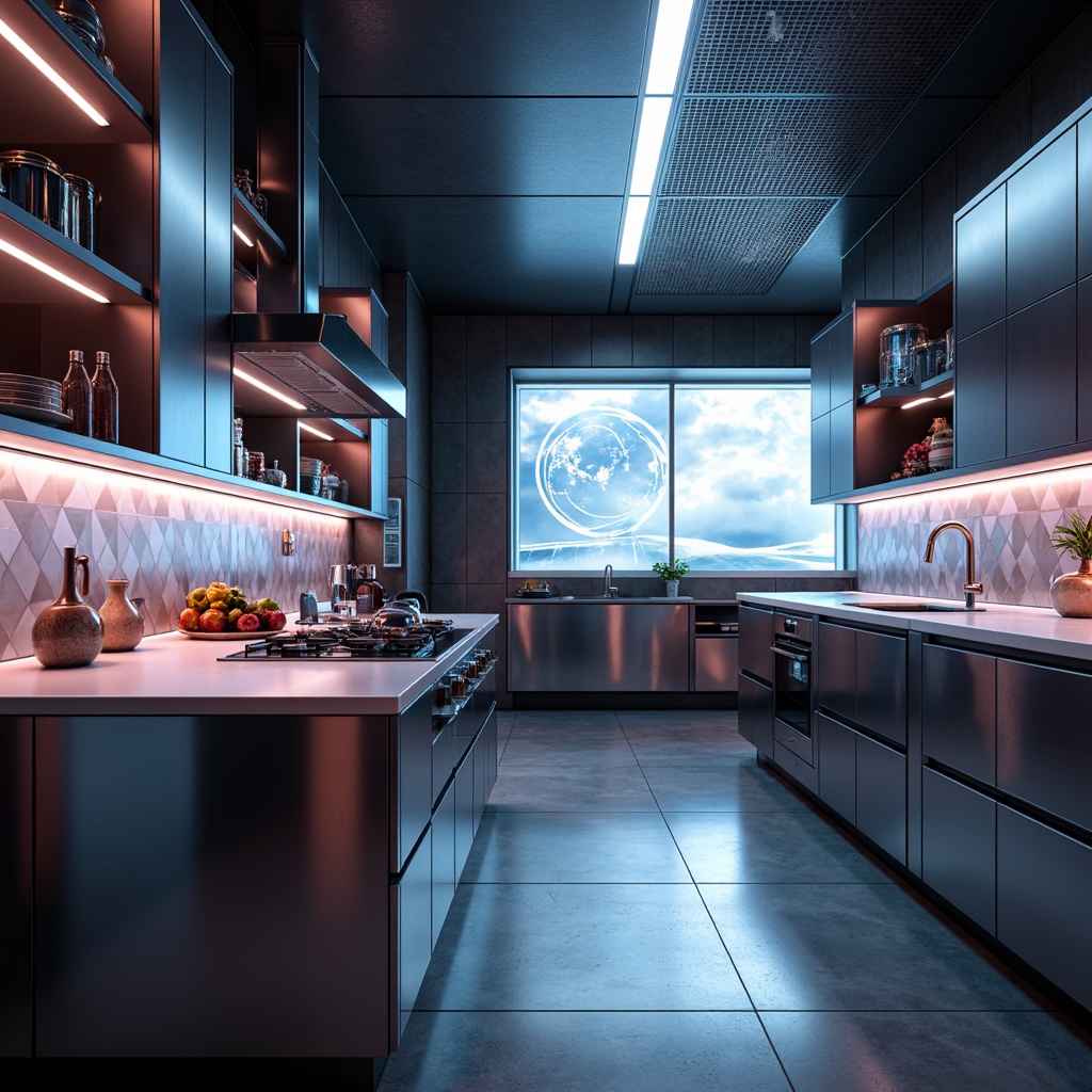 Prompt: Futuristic kitchen, sleek metallic cabinetry, neon-lit LED strips, high-gloss finishes, geometric patterned backsplashes, minimalist countertops, avant-garde appliances, touchless faucets, sensor-activated lighting, holographic displays, augmented reality interfaces, robotic cooking assistants, smart storage systems, modular shelving units, translucent glass shelves, iridescent color schemes, soft ambient glow, shallow depth of field, 3/4 composition, panoramic view, realistic textures, ambient occlusion.