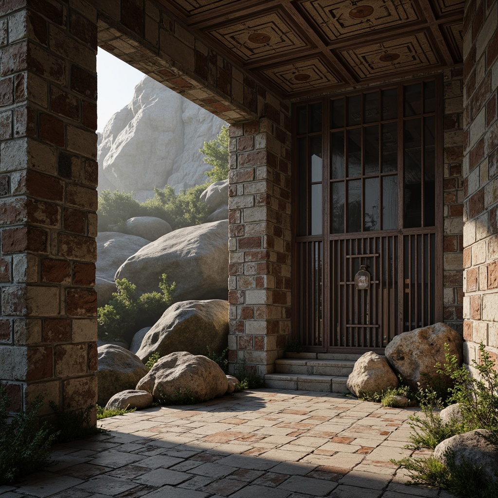 Prompt: Rough stone walls, distressed wooden planks, rusty metal accents, vintage brick facades, ornate ceramic tiles, intricately carved wooden panels, rugged rocky formations, moss-covered boulders, weathered concrete surfaces, exposed ductwork, industrial pipes, metallic grates, abstract geometric patterns, dramatic shadow casting, high-contrast lighting, cinematic composition, atmospheric fog effects.