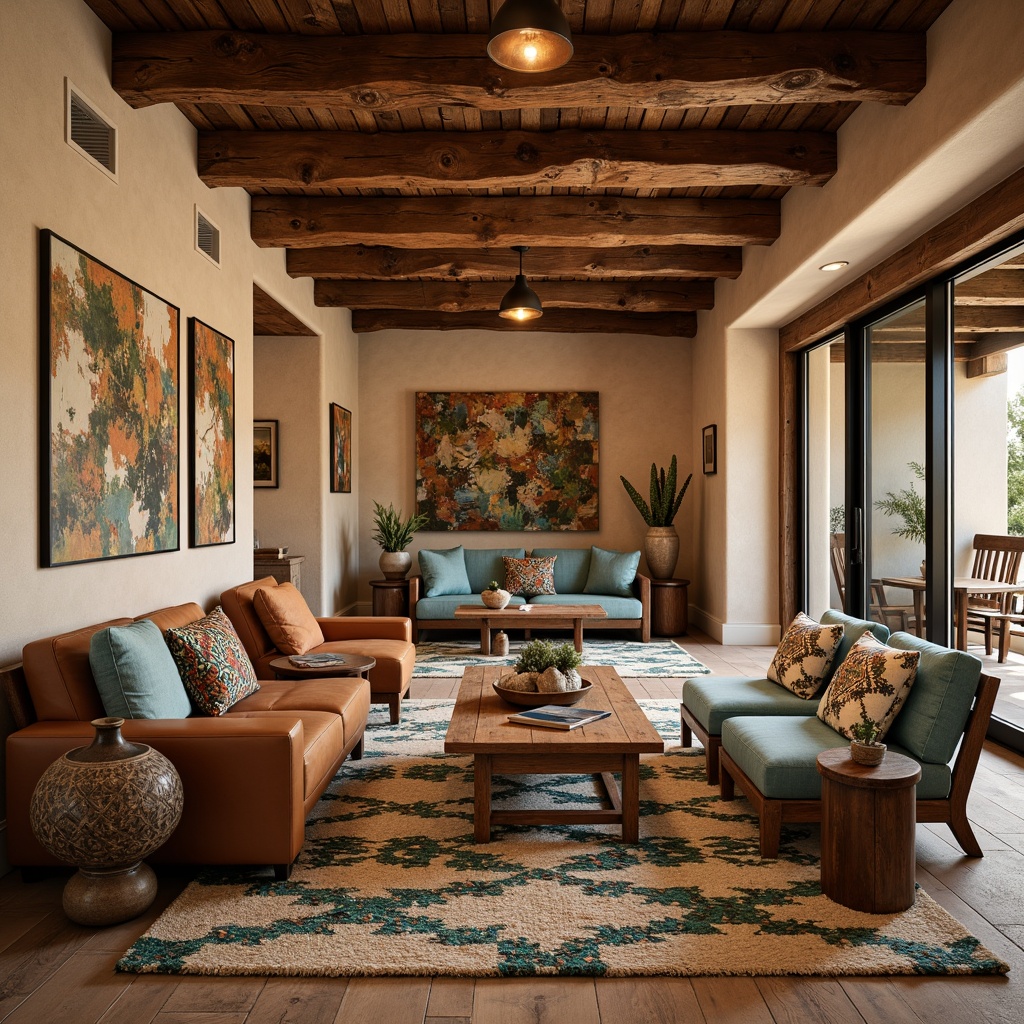 Prompt: Southwestern-themed basement, warm earthy tones, rustic wooden accents, vibrant turquoise patterns, woven Native American-inspired textiles, natural fiber rugs, stonewashed denim upholstery, distressed leather armchairs, reclaimed wood coffee tables, pendant lanterns, geometric-patterned throw pillows, adobe-style walls, earthenware vases, cactus-greenery arrangements, warm ambient lighting, shallow depth of field, 3/4 composition, realistic textures, ambient occlusion.