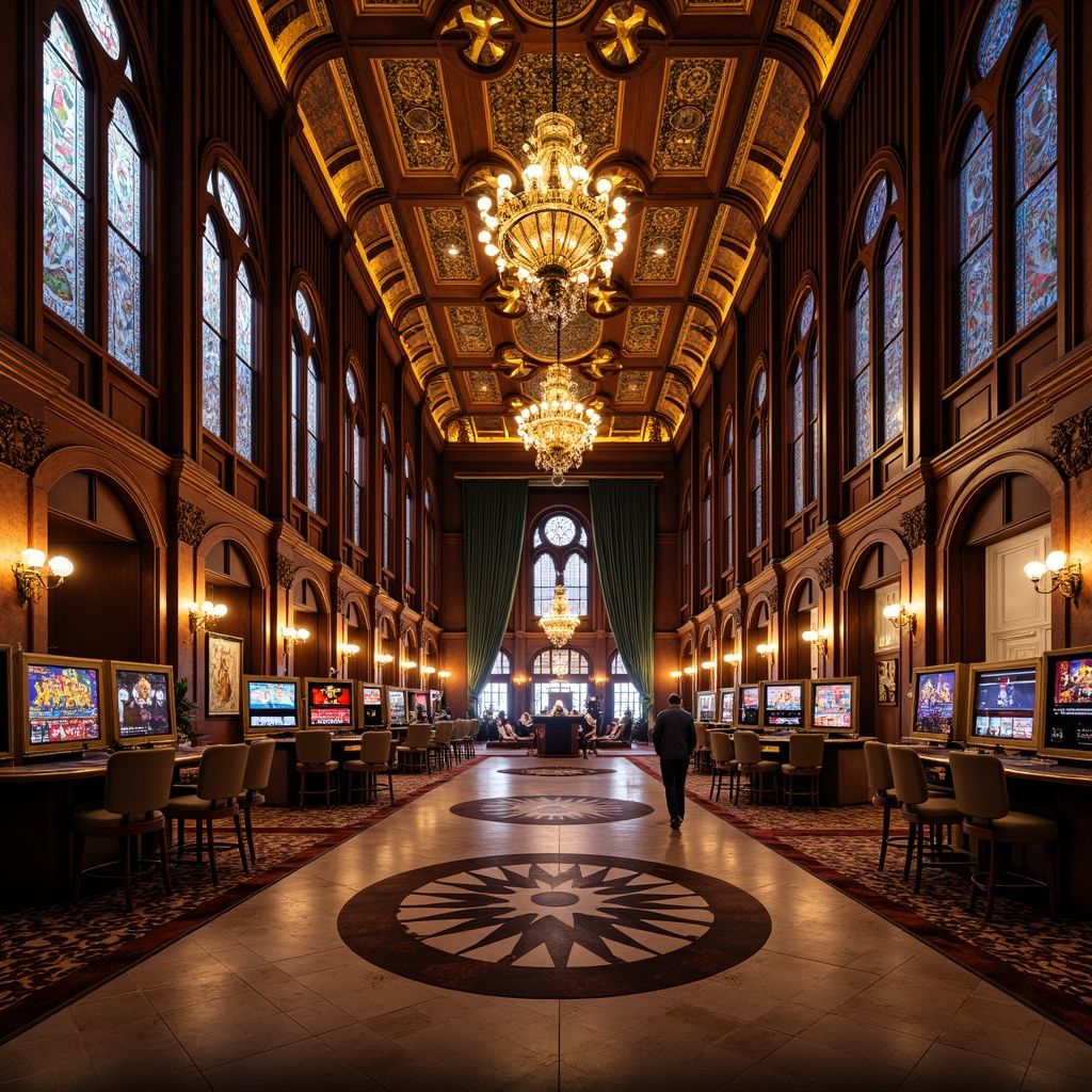 Prompt: Luxurious casino interior, ornate Gothic arches, intricately carved wooden panels, rich velvet drapes, lavish chandeliers, stained glass windows, grandiose high ceilings, opulent furnishings, patterned marble floors, ornamental metalwork, mystical symbols, mysterious ambiance, warm golden lighting, dramatic shadows, 1/2 composition, low-angle shot, cinematic mood, realistic reflections.