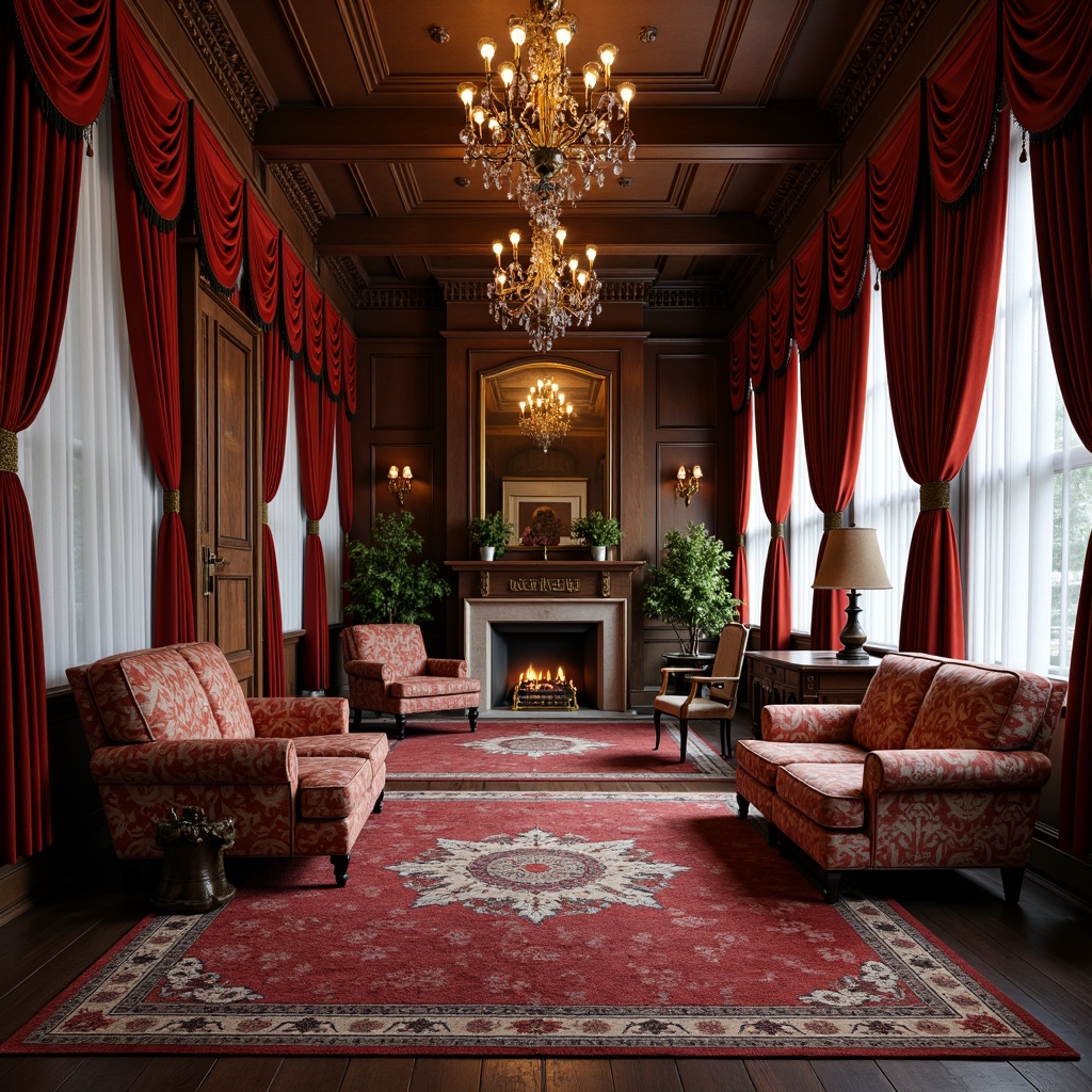 Prompt: Rich velvet fabrics, intricate lace details, ornate wooden furniture, plush cushions, soft warm lighting, cozy fireplaces, vintage floral patterns, luxurious silk drapes, distressed leather armchairs, antique brass fixtures, grand crystal chandeliers, opulent tassel trimmings, richly colored rugs, heavily draped windows, intimate seating areas, warm earthy tones, nostalgic atmosphere, 1/1 composition, shallow depth of field, realistic textures, ambient occlusion.