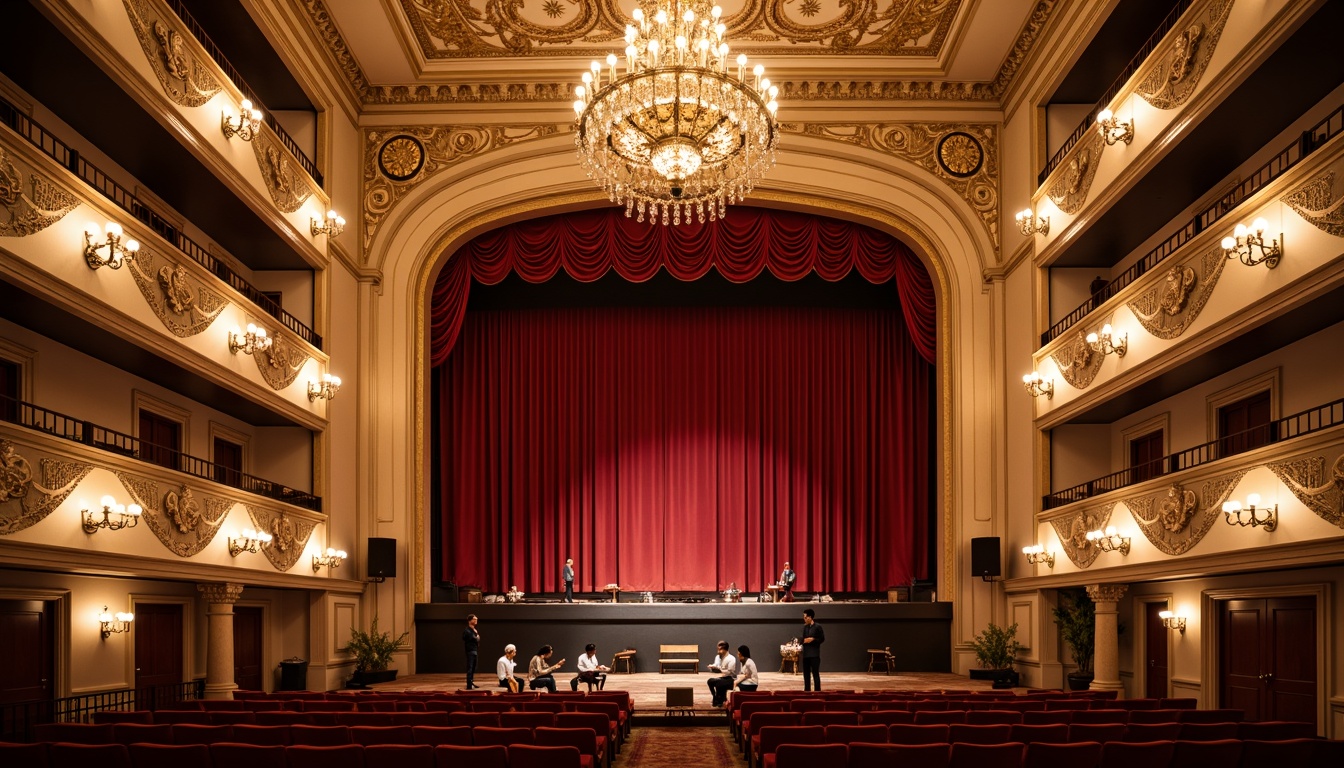 Prompt: Elegant traditional performing arts center, ornate chandeliers, warm golden lighting, rich velvet curtains, intricate wooden carvings, lavish decorative moldings, majestic high ceilings, grand stage, plush red seats, ornamental balconies, crystal sconces, subtle floor lamps, warm beige walls, luxurious fabrics, soft box lighting, dramatic spotlights, 1/2 composition, shallow depth of field, realistic textures, ambient occlusion.