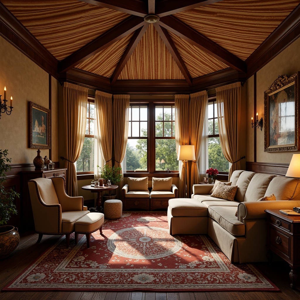 Prompt: Rich velvet fabrics, intricate lace details, ornate wooden furniture, plush armchairs, warm golden lighting, soft candle glow, floral patterned rugs, dark wood paneling, vintage antique pieces, luxurious drapery, heavy curtains, ornamental tassels, cozy reading nooks, warm beige walls, comfortable oversized sofas, layered textiles, rich embroidery, soft pastel colors, intimate atmosphere, shallow depth of field, 1/1 composition, realistic textures, ambient occlusion.