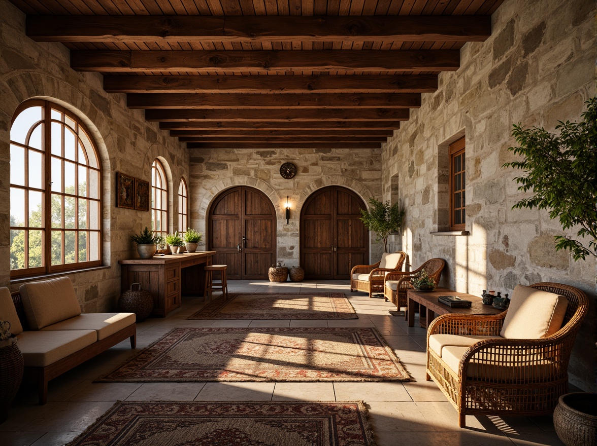 Prompt: Rustic wooden planks, distressed stone walls, rough-hewn concrete floors, ornate metal grille, intricate tile patterns, woven wicker furniture, velvety soft upholstery, natural fiber rugs, earthy color palette, warm golden lighting, shallow depth of field, 1/1 composition, realistic textures, ambient occlusion.