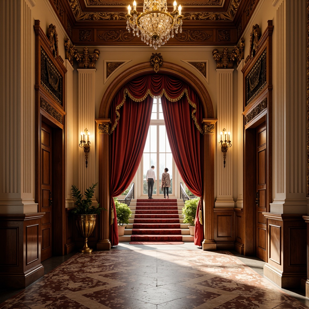 Prompt: Grand museum entrance, ornate moldings, intricately carved wooden doors, polished bronze door handles, lavish chandeliers, crystal droplets, richly patterned carpets, opulent velvet drapes, majestic stone columns, grand staircase, intricate ironwork railings, warm golden lighting, shallow depth of field, 1/1 composition, realistic textures, ambient occlusion.