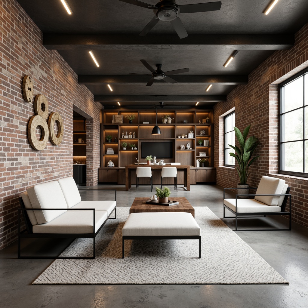 Prompt: Exposed brick walls, polished concrete floors, industrial metal beams, reclaimed wood accents, minimalist decor, sleek low-profile sofas, modular shelving units, geometric patterned rugs, monochromatic color scheme, urban chic atmosphere, natural light pouring in, large windows, steel frame doors, airy open space, functional simplicity, Scandinavian-inspired design, matte black metal frames, creamy white upholstery, rich wood tones, warm ambient lighting, 3/4 composition, shallow depth of field, realistic textures.