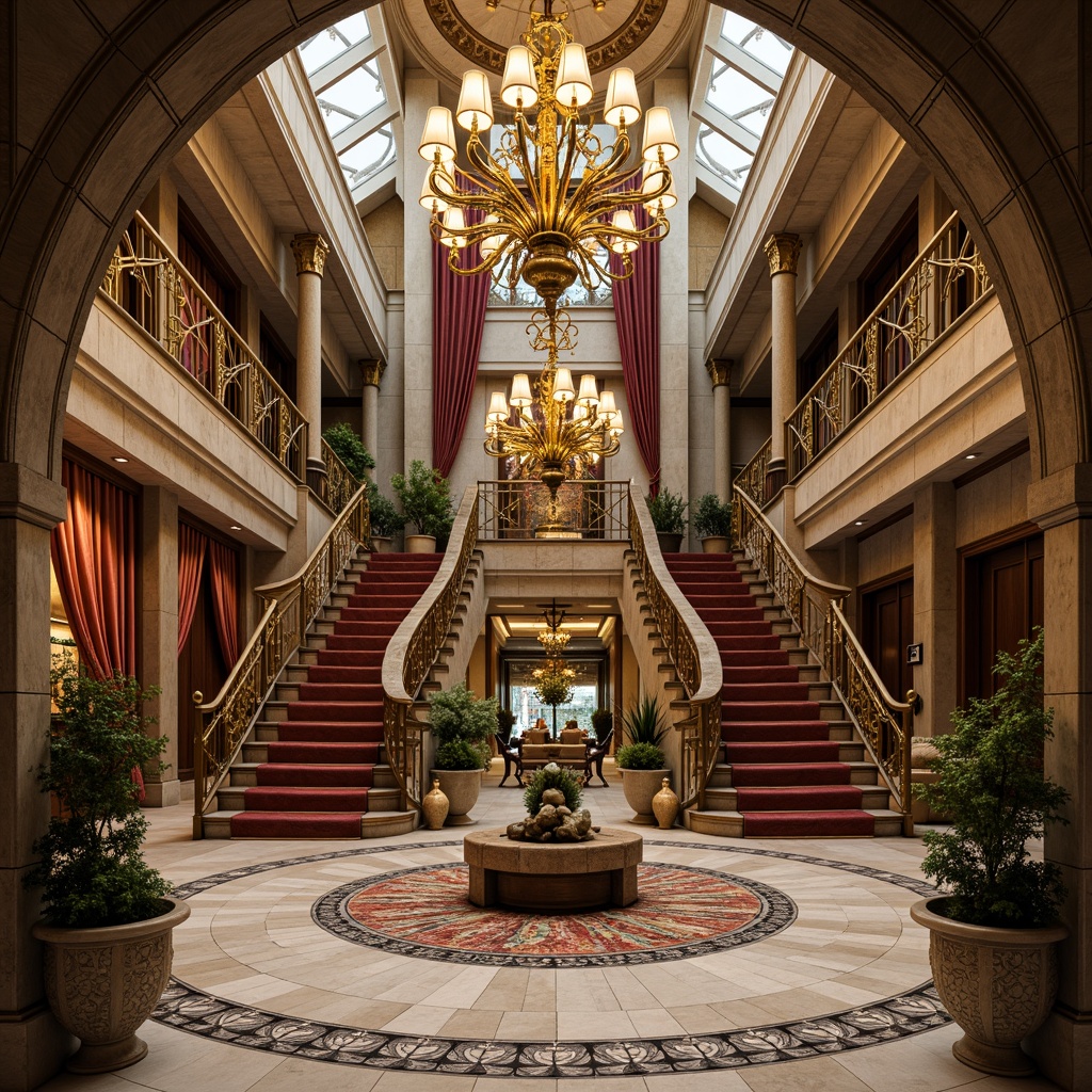 Prompt: Luxurious staircase, ornate railings, flowing curves, botanical motifs, golden accents, velvet drapes, grand chandelier, marble flooring, intricate mosaics, warm soft lighting, shallow depth of field, 3/4 composition, panoramic view, realistic textures, ambient occlusion, lavish decorations, elegant lines, whimsical patterns, organic forms, sinuous shapes, fluid dynamics.