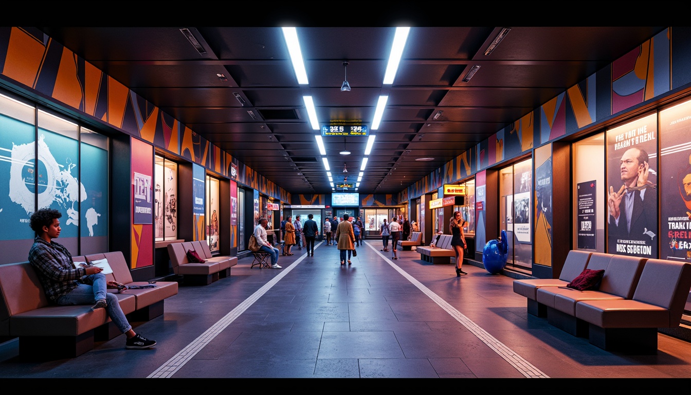 Prompt: Vibrant metro station, bold architectural lines, geometric shapes, dynamic lighting, urban atmosphere, modern furniture, sleek benches, minimalist tables, expressive sculptures, abstract art pieces, neon signs, futuristic advertisements, metallic materials, reflective surfaces, industrial textures, moody color palette, high contrast ratios, cinematic composition, dramatic shadows, 1/1 aspect ratio, low-key lighting.