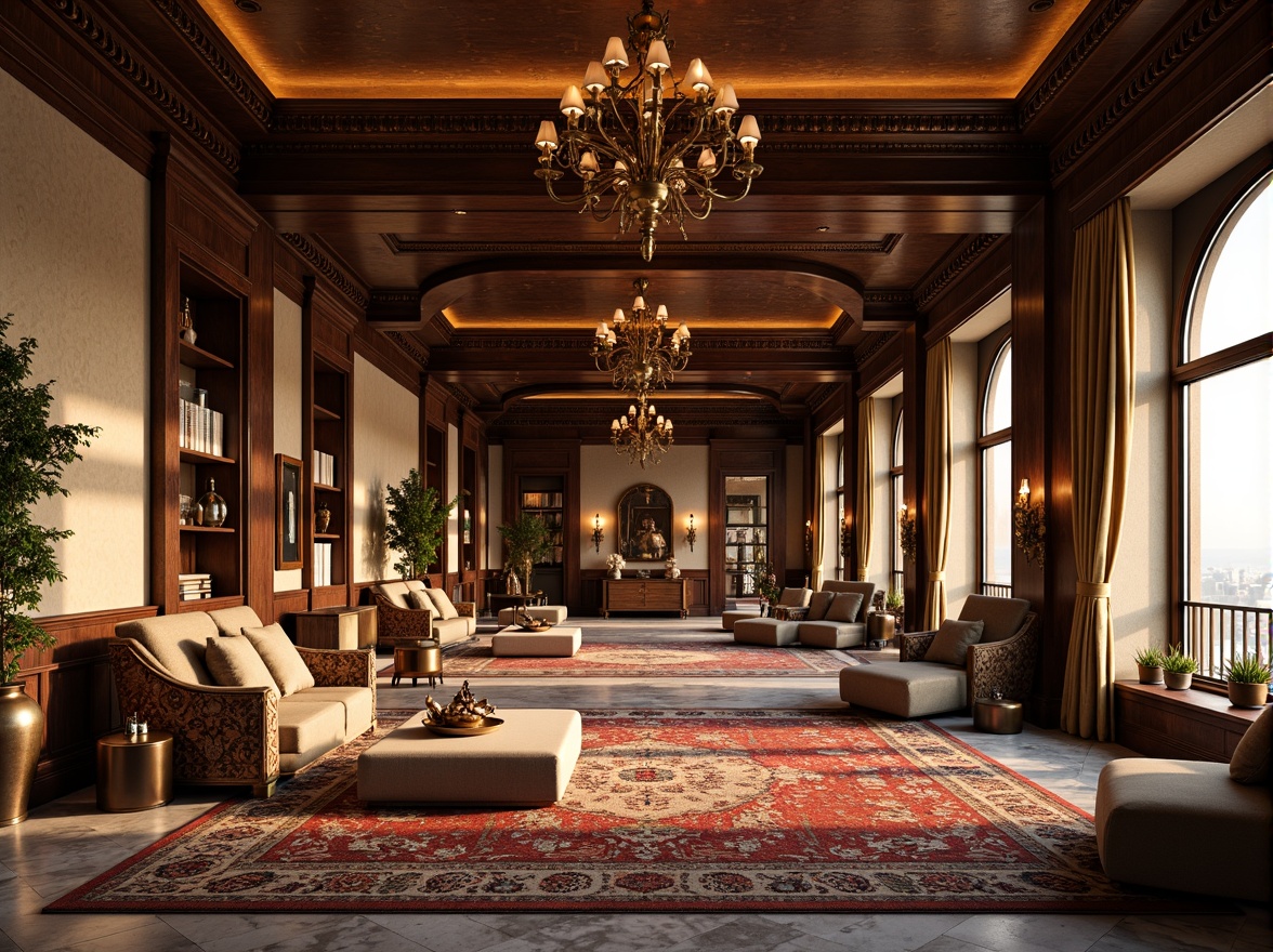 Prompt: Luxurious penthouse interior, richly patterned traditional textiles, intricately woven rugs, velvet upholstery, ornate wooden furniture, carved decorations, lavish chandeliers, grandiose ceilings, marble flooring, opulent drapery, warm golden lighting, shallow depth of field, 2/3 composition, realistic textures, ambient occlusion, cozy reading nooks, plush throw pillows, vintage artifacts, elegant vases, ornamental mirrors.