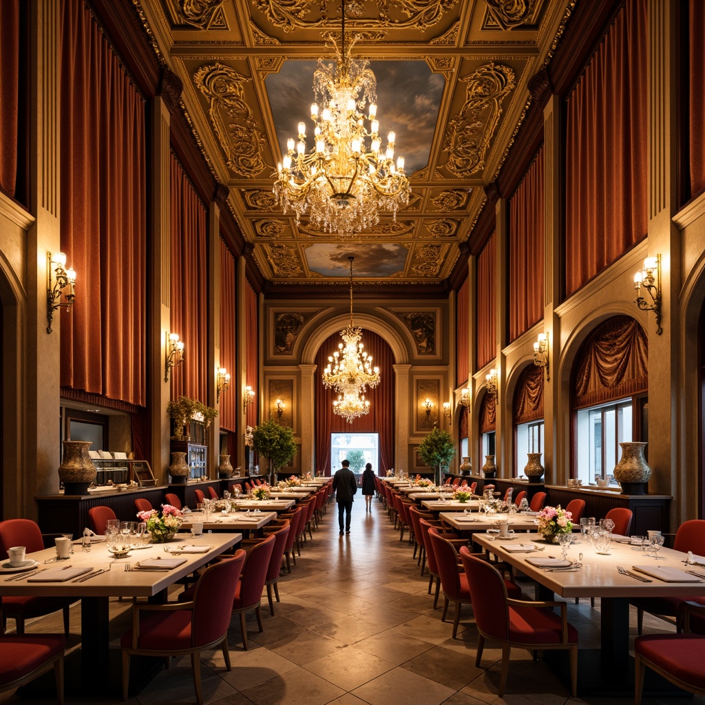 Prompt: Grandiose dining hall, opulent chandeliers, ornate moldings, gilded accents, rich velvet drapes, intricate frescoes, majestic archways, lavish furnishings, regal throne-like chairs, elegant marble tables, sparkling crystal glassware, luxurious fabrics, warm golden lighting, soft focus blur, shallow depth of field, 2/3 composition, symmetrical framing, ornate gold leaf patterns, exquisite ceramic vases.