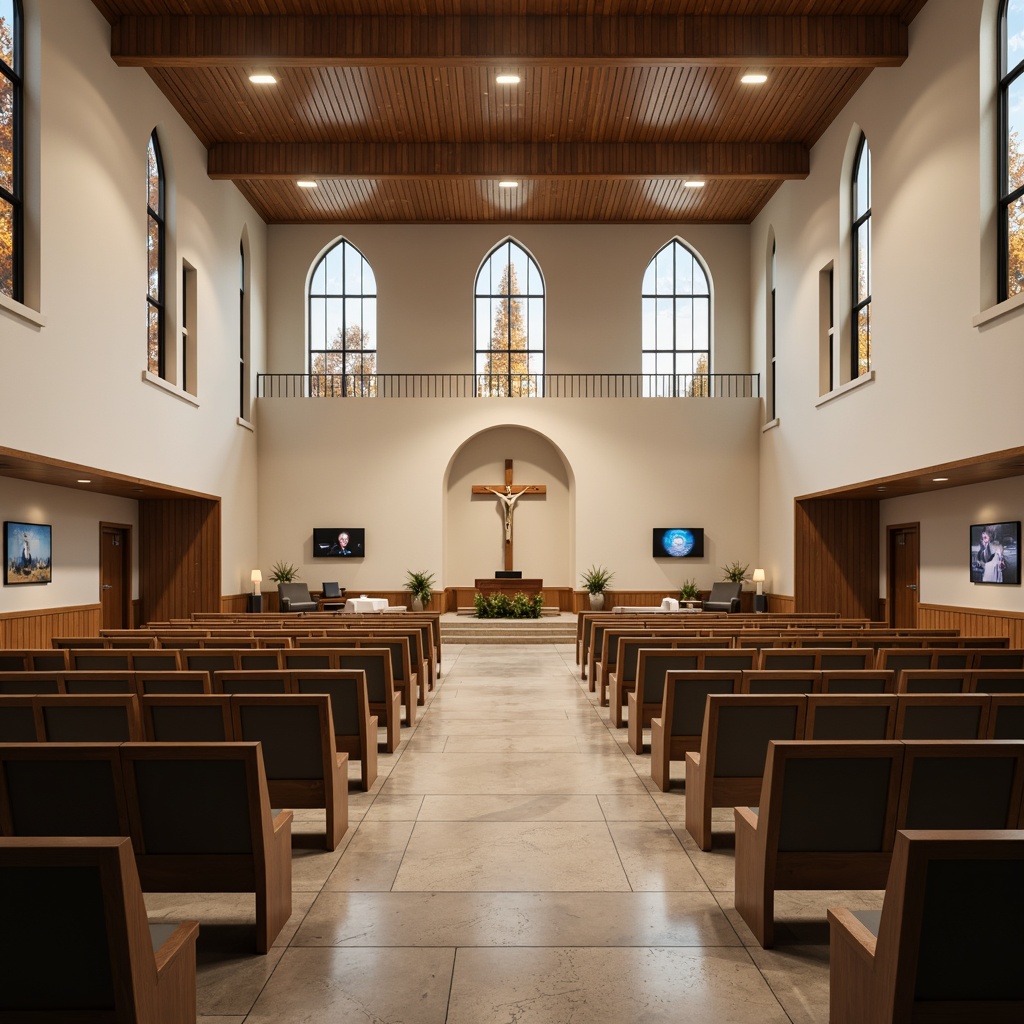 Prompt: Contemporary worship space, minimalist design, neutral color palette, comfortable seating arrangements, wooden pews, upholstered chairs, rounded altars, modern podiums, sleek audio-visual equipment, stained glass windows, natural stone flooring, subtle ambient lighting, soft warm glow, intimate atmosphere, 3/4 composition, realistic textures, ambient occlusion.