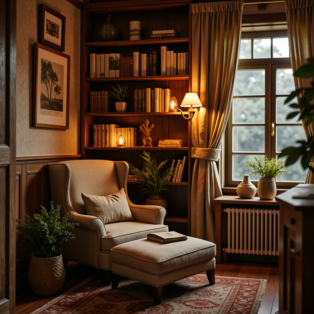 Prompt: Cozy reading nook, warm candlelight, soft plush armchair, rich wood tones, vintage bookshelves, distressed finishes, earthy color palette, nature-inspired artwork, textured woven baskets, macrame wall hangings, rustic metal frames, warm beige curtains, softbox lighting, shallow depth of field, 1/1 composition, intimate atmosphere, realistic textures.