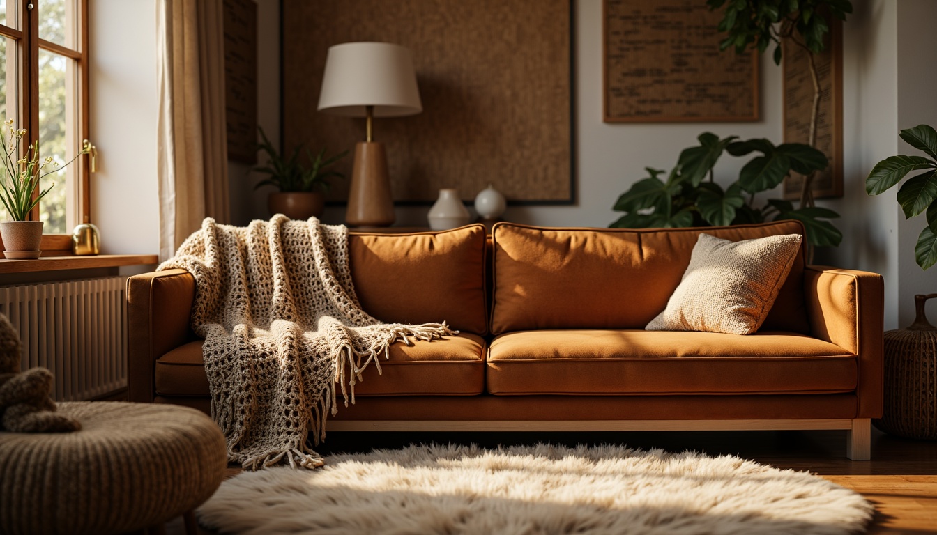 Prompt: Cozy living room, plush velvet sofa, soft faux fur rug, chunky knit throw blanket, natural woven fibers, earthy tone palette, warm golden lighting, rustic wooden accents, organic shapes, tactile upholstery, inviting atmosphere, comfortable seating, relaxation ambiance, shallow depth of field, 1/1 composition, realistic textures, ambient occlusion.