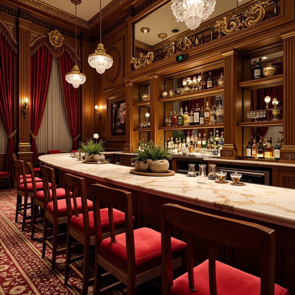 Prompt: Luxurious home bar, ornate gold accents, rich velvet fabrics, soft cream marble countertops, warm walnut wood tones, delicate crystal chandeliers, lavish red and gold upholstery, intricate carved wooden details, subtle sheen on metal surfaces, opulent drapery with tassel trim, dimmable ambient lighting, 3/4 composition, shallow depth of field, realistic textures, warm color palette.