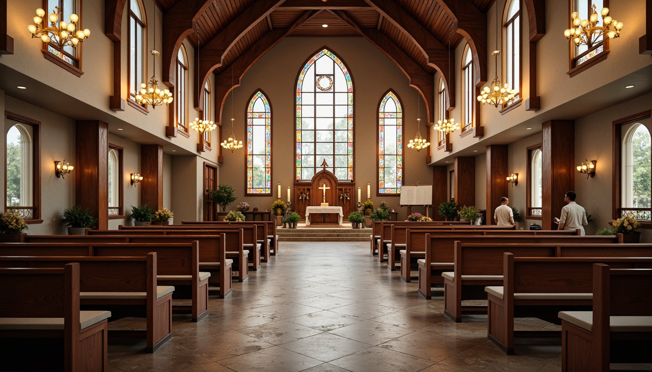 Prompt: Serene worship hall, elegant pews, soft cushioned seats, wooden accents, stained glass windows, grand chandeliers, intricately designed altars, inspirational religious symbols, calming color palette, natural stone floors, subtle lighting, intimate atmosphere, warm inviting ambiance, comfortable seating arrangements, flexible modular furniture, durable materials, acoustic considerations, reverberation control, clear sightlines, unobstructed views, devotional accessories.