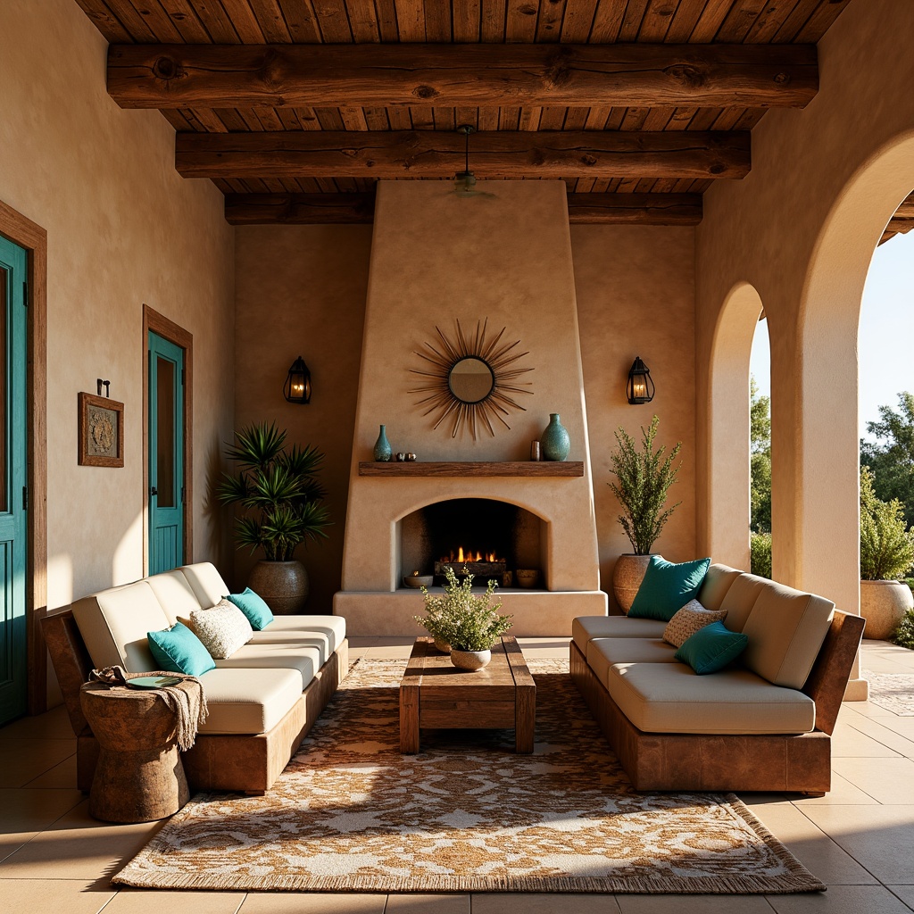 Prompt: Earth-toned adobe walls, rough-hewn wooden beams, rustic stone fireplaces, woven Native American-inspired textiles, vibrant turquoise accents, geometric patterned rugs, distressed leather furniture, warm golden lighting, shallow depth of field, 1/1 composition, intimate atmosphere, cozy nooks, natural fiber upholstery, organic shapes, earthy color palette, Southwestern cultural motifs, soft warm shadows, ambient occlusion.