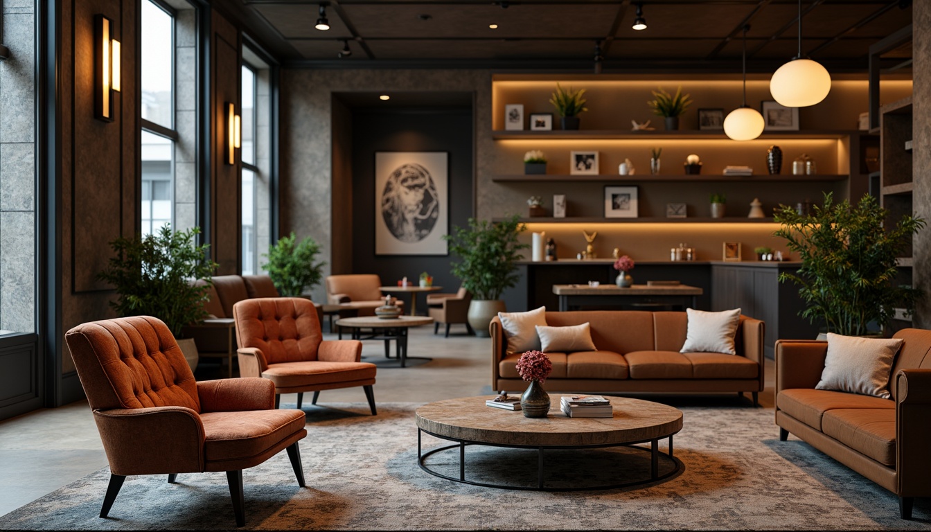 Prompt: Elegant lounge chairs, velvet upholstery, tufted details, reclaimed wood accents, distressed finishes, industrial metal frames, minimalist coffee tables, rich leather sofas, ornate carvings, luxurious fabrics, subtle patterns, soft warm lighting, 3/4 composition, shallow depth of field, realistic textures, ambient occlusion.