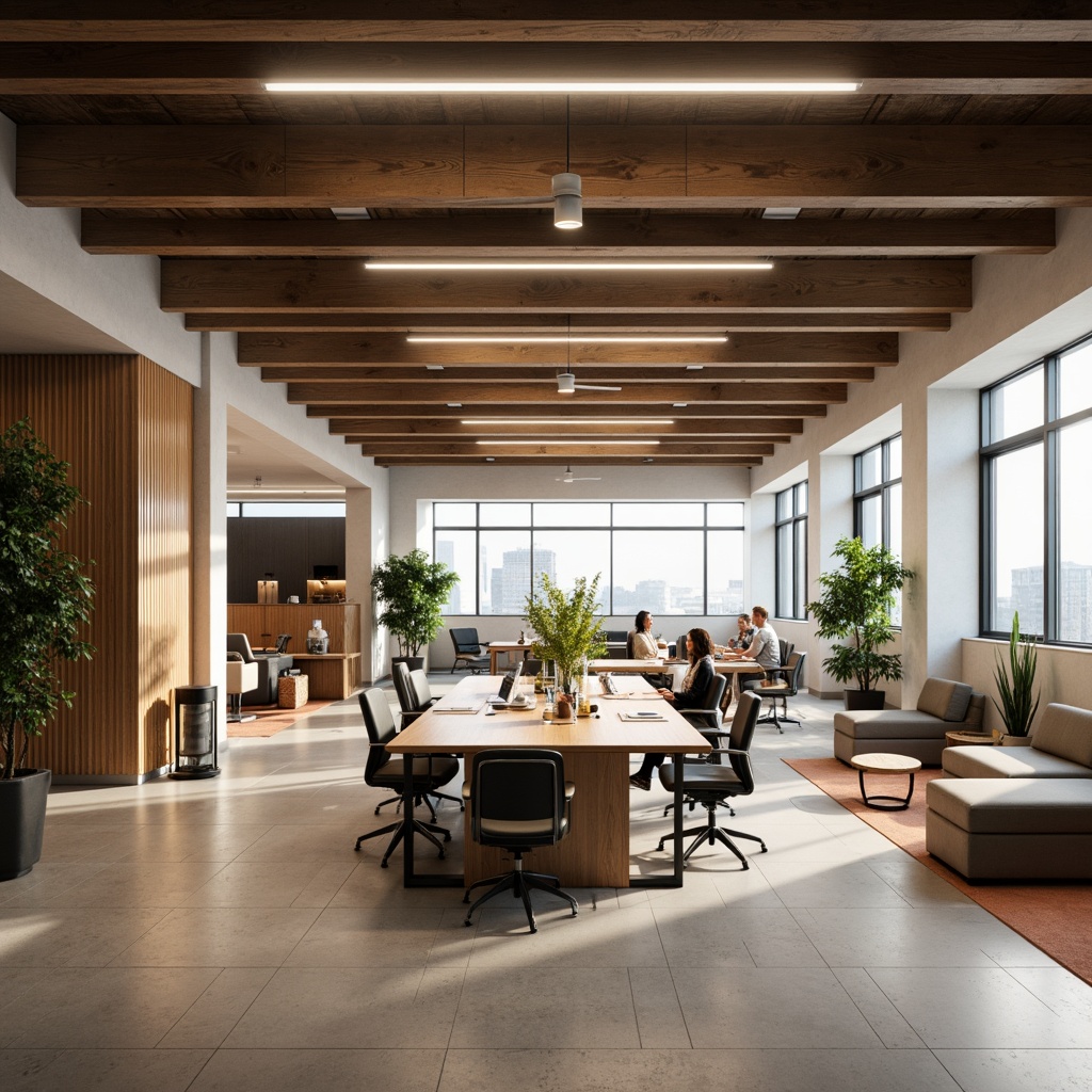 Prompt: Optimized office space, functional layout, ergonomic furniture, minimalist decor, natural materials, wooden desks, comfortable seating, ample storage, clever cable management, collaborative workspaces, acoustic panels, soft warm lighting, 1/1 composition, shallow depth of field, realistic textures, ambient occlusion.