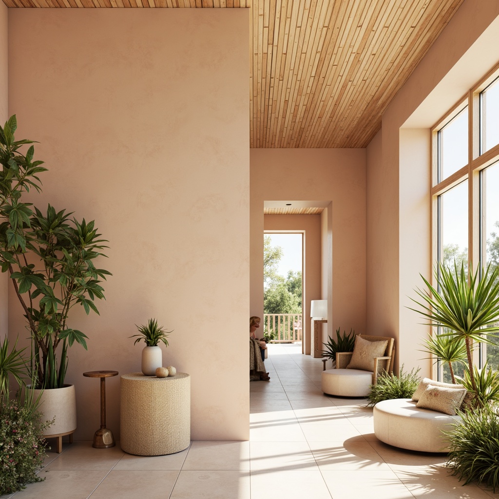 Prompt: Soft peach walls, natural wood accents, creamy whites, warm beige floors, minimalist decor, clean lines, simple shapes, cozy community spaces, abundant greenery, lush plants, soft diffused lighting, subtle textures, warm inviting atmosphere, 1/1 composition, shallow depth of field, realistic rendering, ambient occlusion.