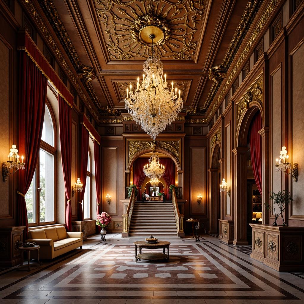 Prompt: Ornate palace, grand chandelier, lavish furnishings, intricate wood carvings, gilded details, rich velvet drapes, marble floors, inlaid wooden patterns, ornamental tile work, sophisticated archways, dramatic staircase, opulent throne room, majestic high ceilings, warm golden lighting, shallow depth of field, 2/3 composition, realistic textures, ambient occlusion.