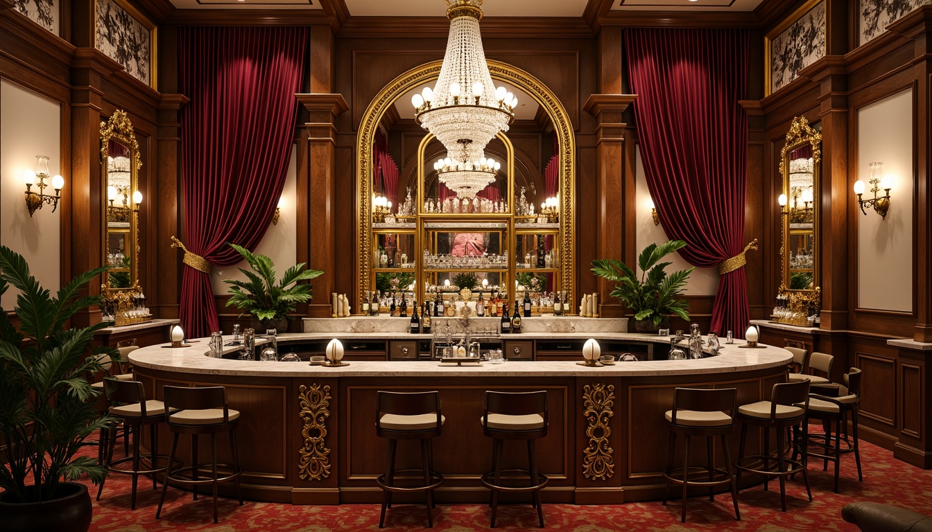 Prompt: Luxurious home bar, ornate gilded frames, intricate carvings, curved silhouettes, velvet drapes, crystal chandeliers, marble countertops, rich wood tones, golden accents, ornamental mirrors, lavish furnishings, opulent textiles, soft warm lighting, shallow depth of field, 1/2 composition, realistic reflections, ambient occlusion.