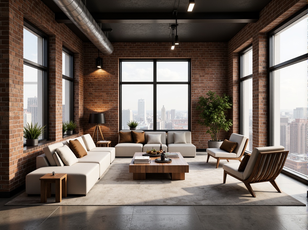 Prompt: Exposed brick walls, industrial metal beams, reclaimed wood accents, sleek low-profile furniture, minimalist decor, urban loft atmosphere, neutral color palette, natural textiles, geometric patterns, metallic lighting fixtures, floor-to-ceiling windows, cityscape views, soft warm lighting, shallow depth of field, 3/4 composition, realistic textures, ambient occlusion.