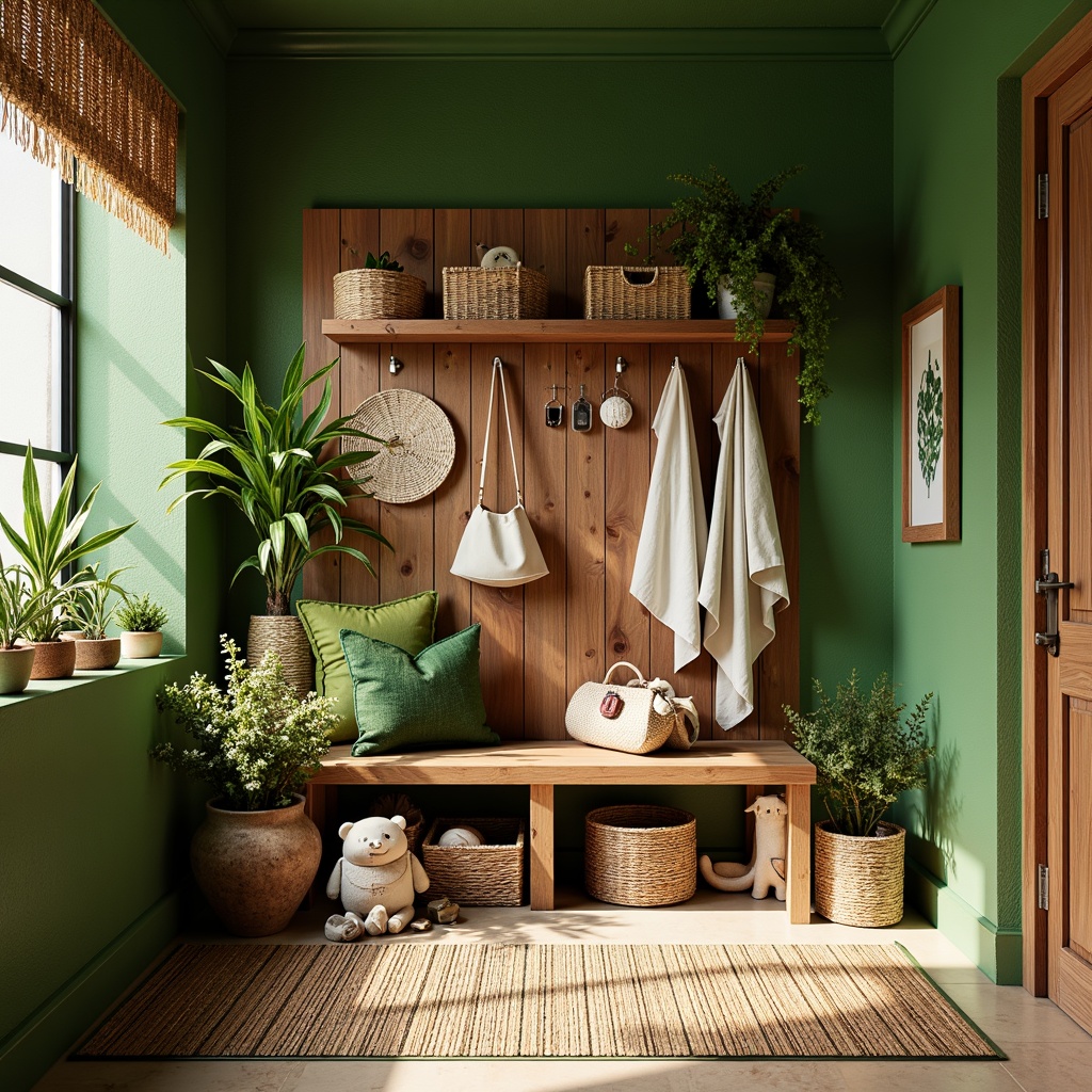 Prompt: Tropical mudroom, natural woven fibers, reclaimed wood accents, vibrant green walls, exotic plants, rattan storage baskets, woven sea grass mats, wooden bench with storage, decorative shells, coral-inspired hardware, wicker furniture, earthy tone colors, warm soft lighting, shallow depth of field, 1/1 composition, realistic textures, ambient occlusion.