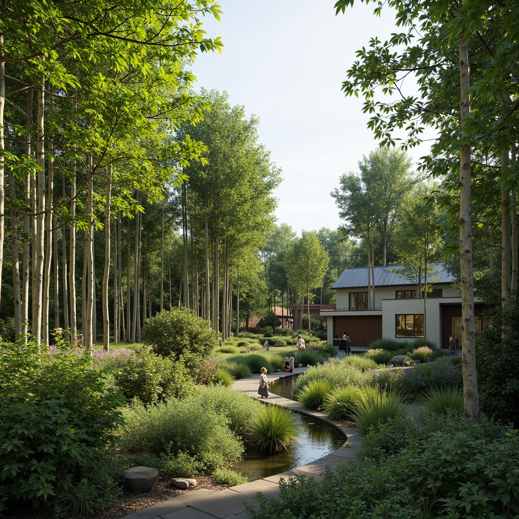 Prompt: Natural bamboo forests, sustainable living spaces, eco-friendly materials, reclaimed wood accents, recycled metal frames, low-carbon concrete structures, green roofs, solar panels, wind turbines, water conservation systems, organic gardens, blooming flowers, lush greenery, soft natural lighting, shallow depth of field, 1/1 composition, realistic textures, ambient occlusion.