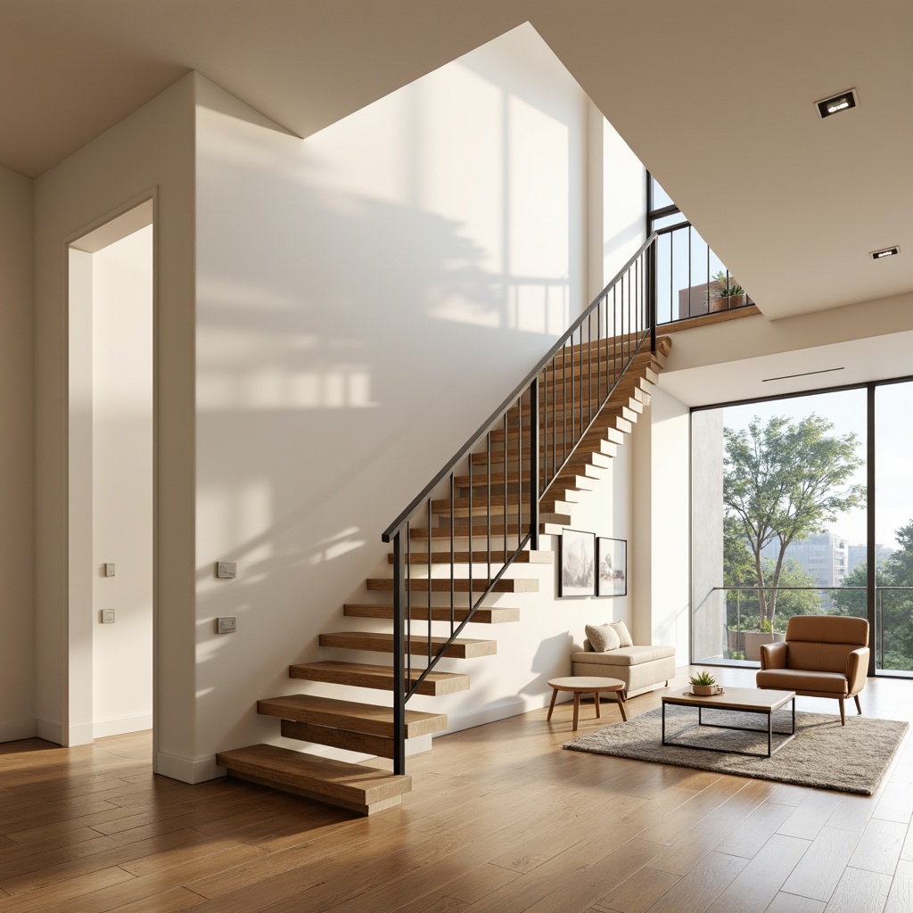 Prompt: Floating staircase, sleek metal railings, minimalist aesthetic, sparse decor, cream-colored walls, polished wooden floors, subtle LED lighting, airy atmosphere, open-plan living space, floor-to-ceiling windows, abundant natural light, soft shadows, 1/1 composition, shallow depth of field, realistic textures, ambient occlusion.