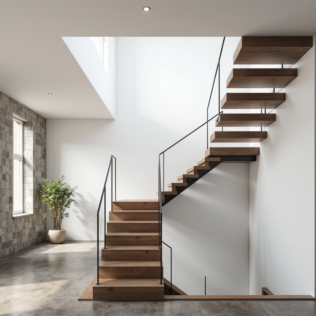 Prompt: Sleek staircase, minimalist railings, slim metal banisters, floating wooden treads, simple white walls, soft natural lighting, airy open space, sparse decorations, industrial-chic ambiance, polished concrete floors, subtle shadows, shallow depth of field, 1/1 composition, realistic textures, ambient occlusion.