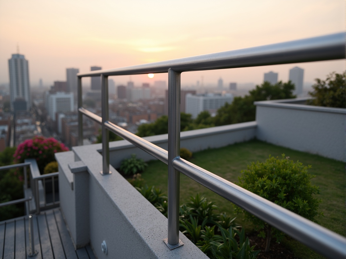 Prompt: Sleek minimalist railings, stainless steel material, modern urban landscape, city skyscrapers, rooftop gardens, green roofs, panoramic views, simple clean lines, industrial chic aesthetic, functional design, safety features, handrail details, subtle lighting effects, warm sunset ambiance, shallow depth of field, 1/1 composition, realistic textures, ambient occlusion.