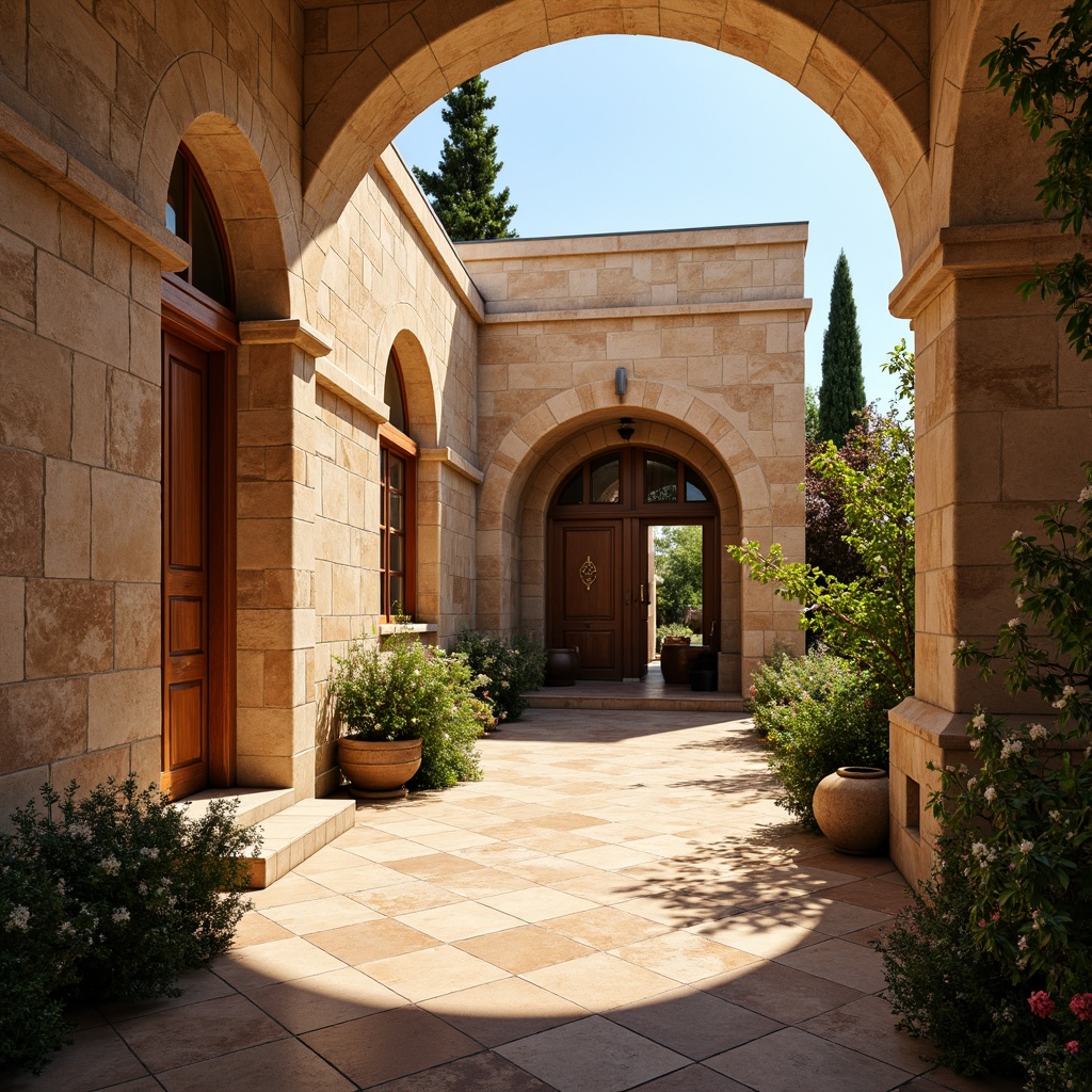 Prompt: Warm Mediterranean villa, textured stone walls, curved archways, ornate wooden doors, rustic terracotta tiles, lush greenery, blooming flowers, sunny day, soft warm lighting, shallow depth of field, 3/4 composition, panoramic view, realistic textures, ambient occlusion, elegant columns, decorative friezes, tranquil courtyard, serene ambiance, earthy color palette, natural materials, intricate stonework, vintage ornaments.