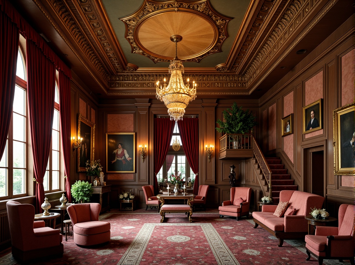 Prompt: Ornate Victorian-era mansion, intricately molded ceilings, ornamental plasterwork, grand chandeliers, lavish furnishings, rich velvet drapes, polished wooden floors, gilded picture frames, elegant staircases, sweeping archways, opulent textiles, vibrant jewel-toned colors, warm golden lighting, soft focus, 1/1 composition, romantic ambiance, highly detailed ornaments, realistic materials, subtle ambient occlusion.