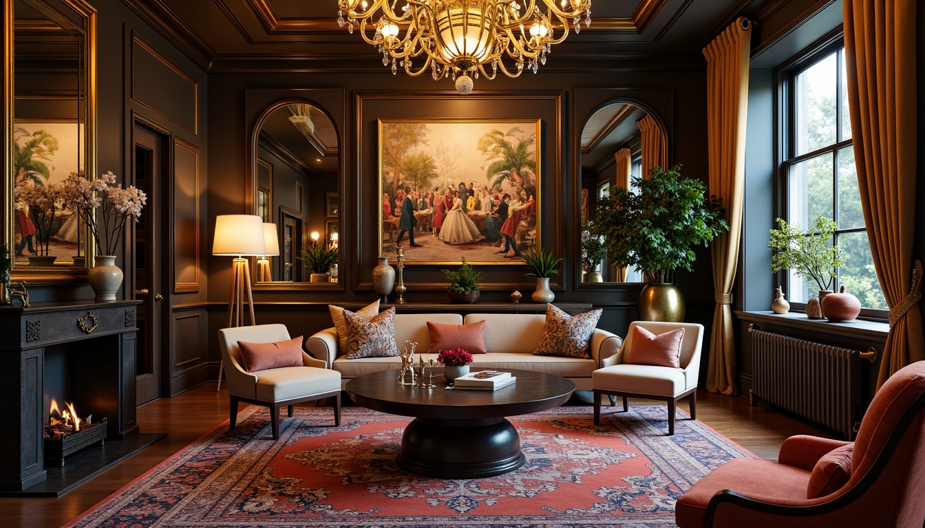 Prompt: Elegant home decor, ornate mirrors, lavish chandeliers, plush area rugs, statement furniture pieces, rich wood tones, metallic accents, vibrant artwork, textured throw pillows, intricate patterns, luxurious fabrics, sophisticated color palette, warm ambient lighting, 1/1 composition, shallow depth of field, soft focus effect.